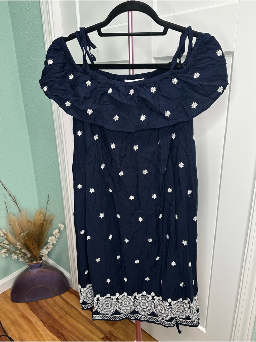 a:glow Navy Midi Dress with White Embroidery spring sundress strap off shoulder